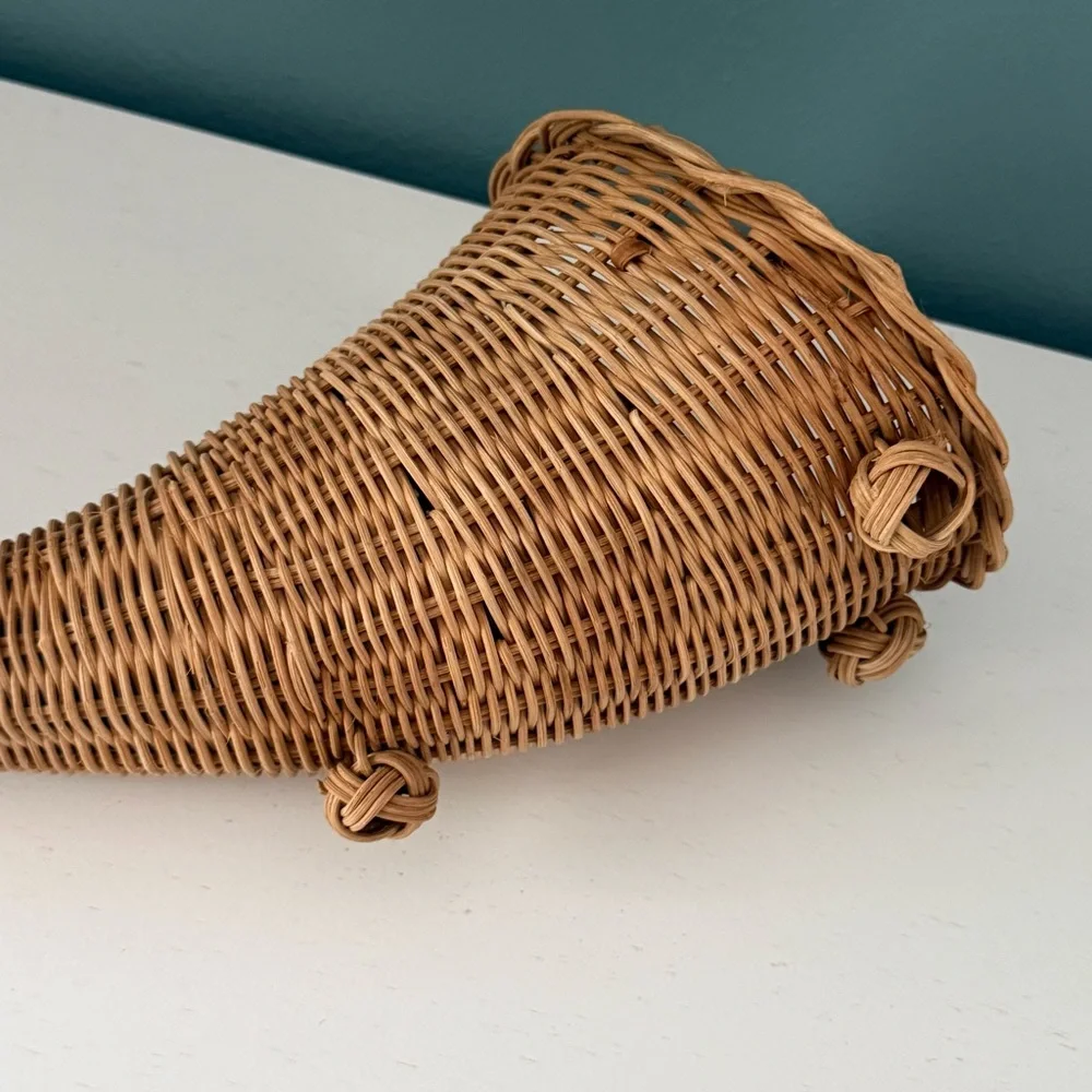 Vintage Woven Natural Fiber Wicker Horn-of-Plenty Cornucopia Basket Farmhouse